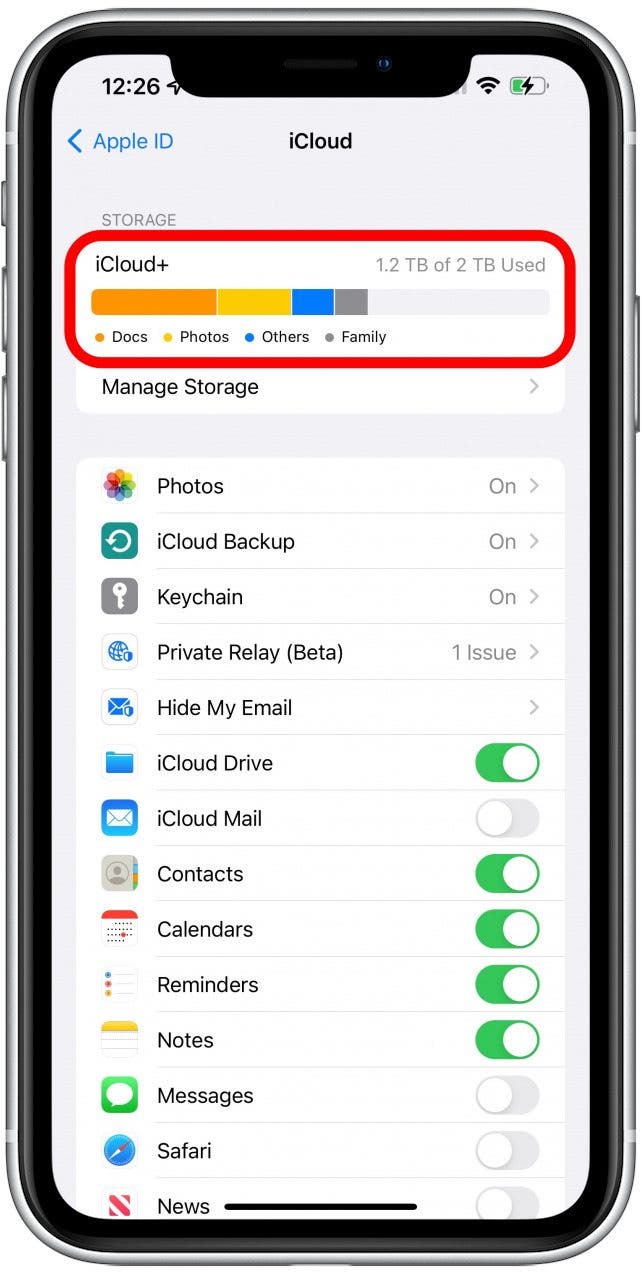 Look at the top bar to see how much of your iCloud Storage you've used.