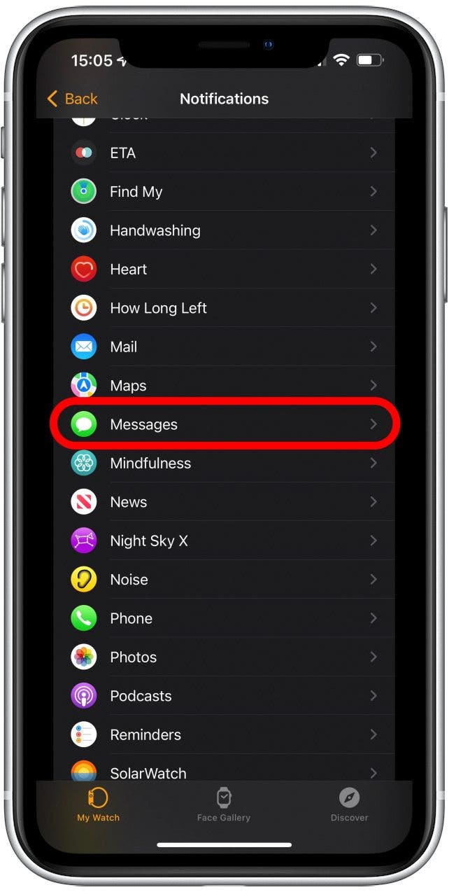 Scroll down and tap Messages - apple watch won t vibrate when i get a text	