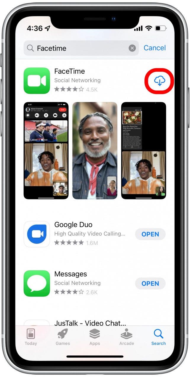 Tap the cloud icon next to the FaceTime app to reinstall it.