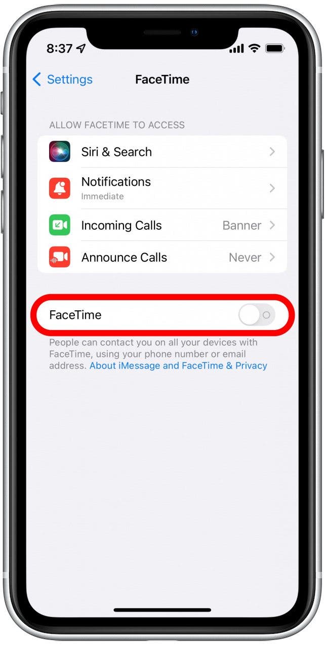 If the toggle is not turned on, tap it to activate FaceTime.