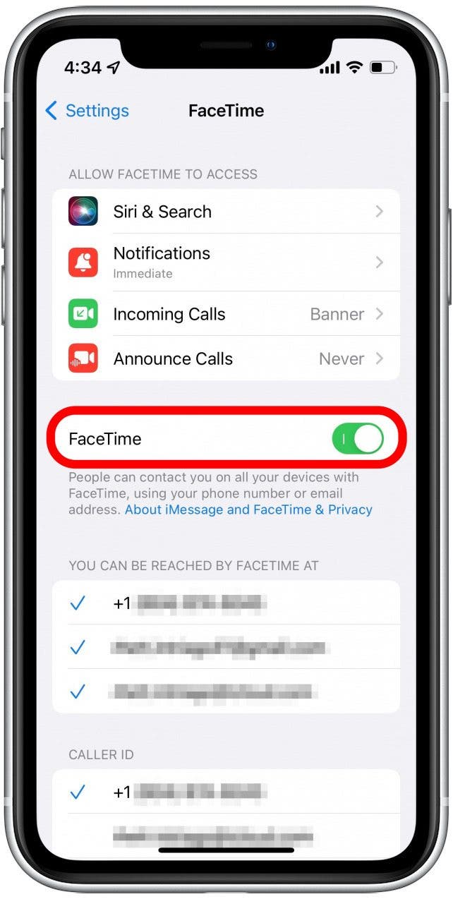 Tap the FaceTime toggle to turn it off, and tap it again to turn it back on.
