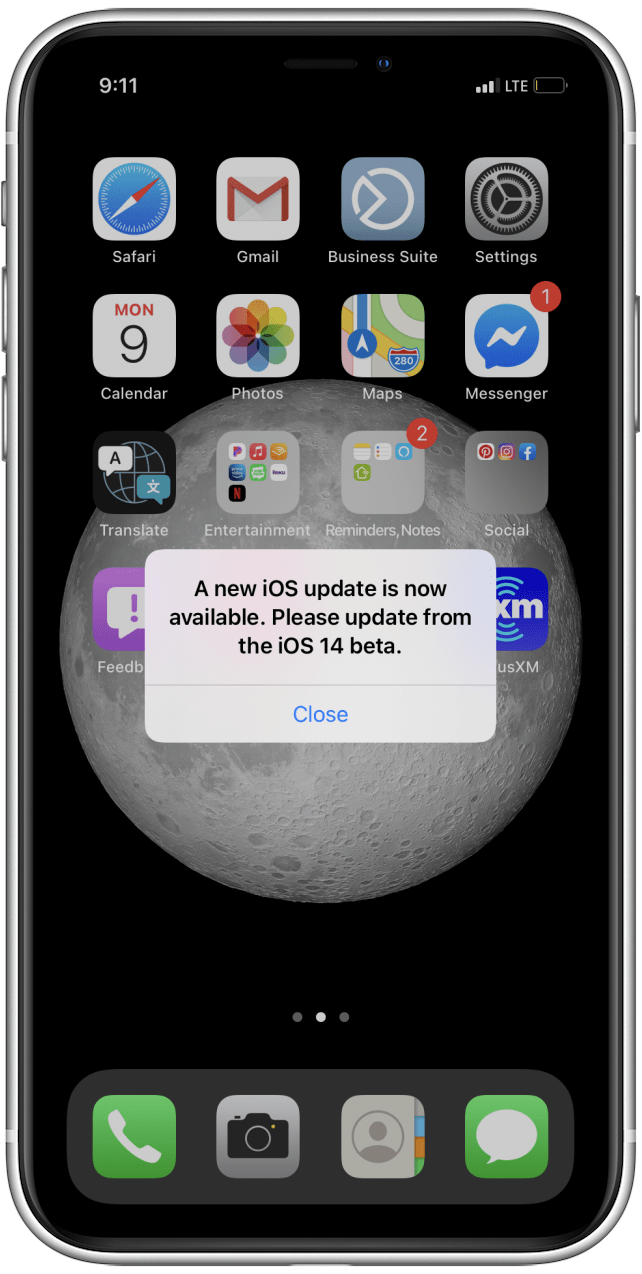 iOS 14 beta update pop-up error message