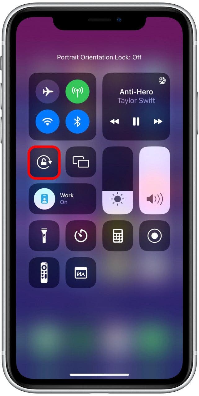 The Screen Orientation Lock is the button with the round arrow with the lock inside. It will be gray when disabled. This means your iPhone will automatically rotate based on the way you are holding it.