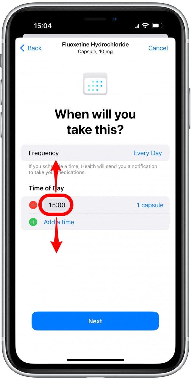 Tap the time and swipe up and down to select the correct time.