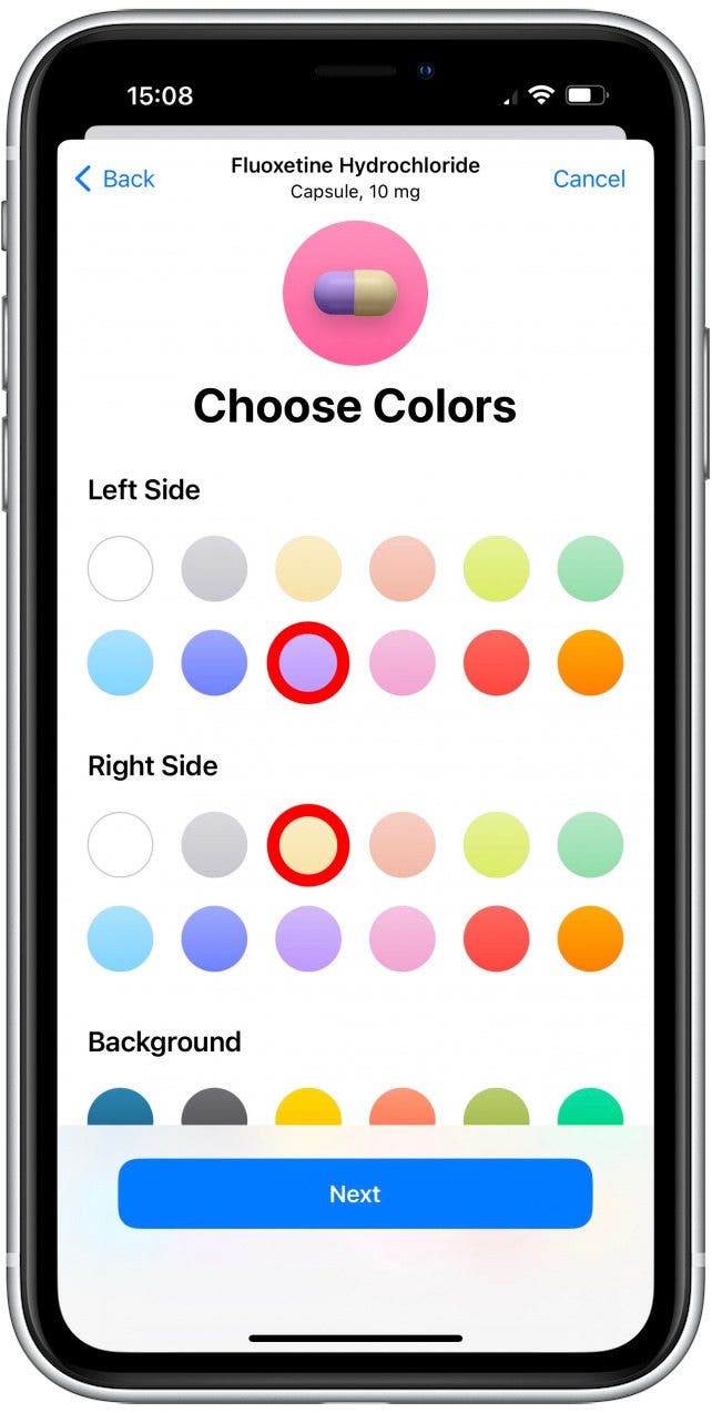 Choose a color for the left side, right side, and background.