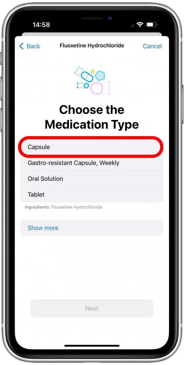 Tap to select the correct medication type. Tap Next.