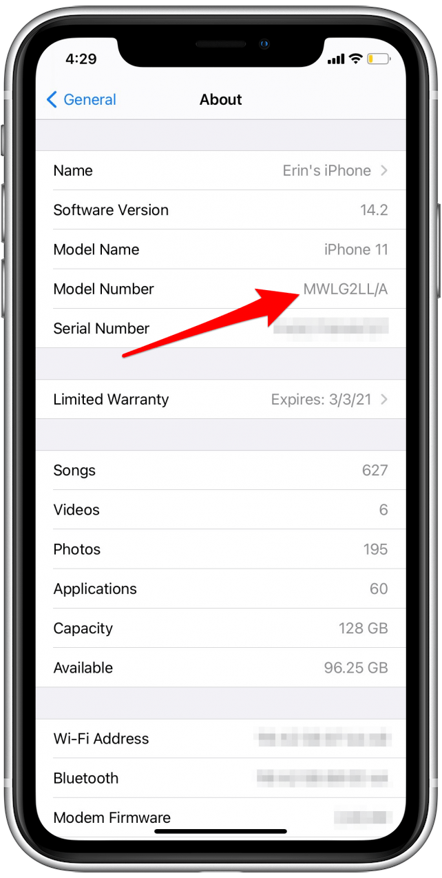 If you see a long model number, tap on it to reveal the shorter 5-digit model number that begins with an "A"