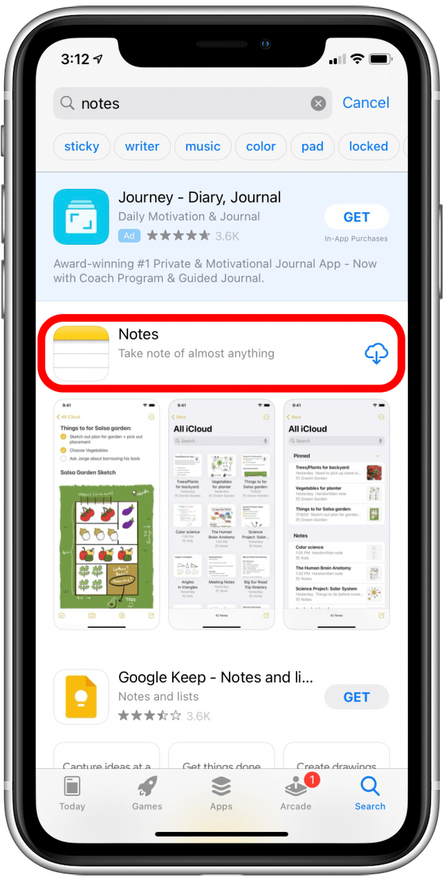 Notes app on iPhone