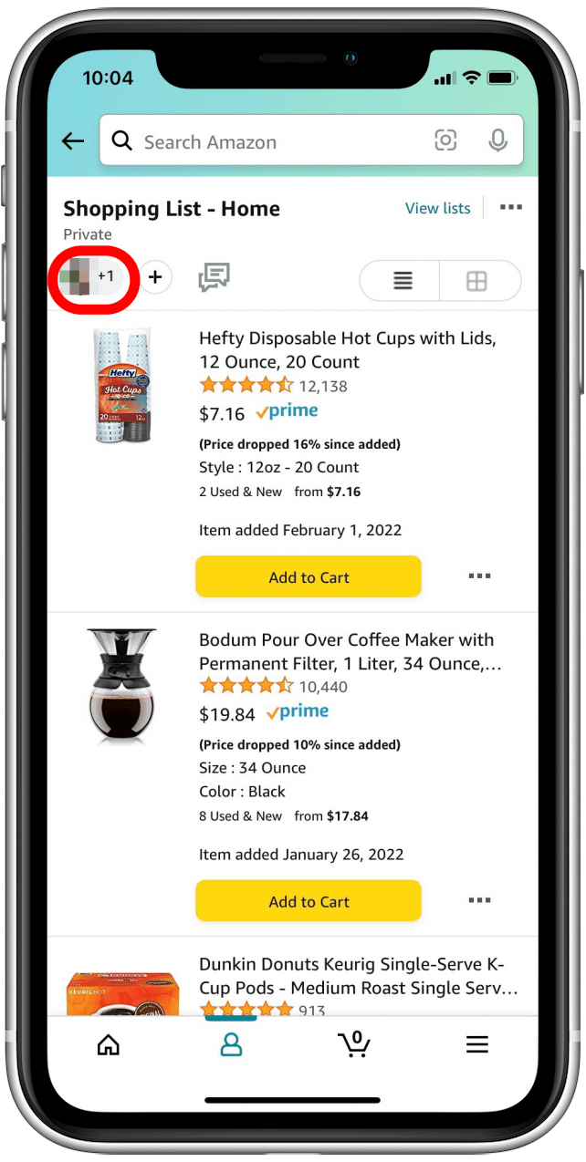 Tap on user within Amazon wish list 