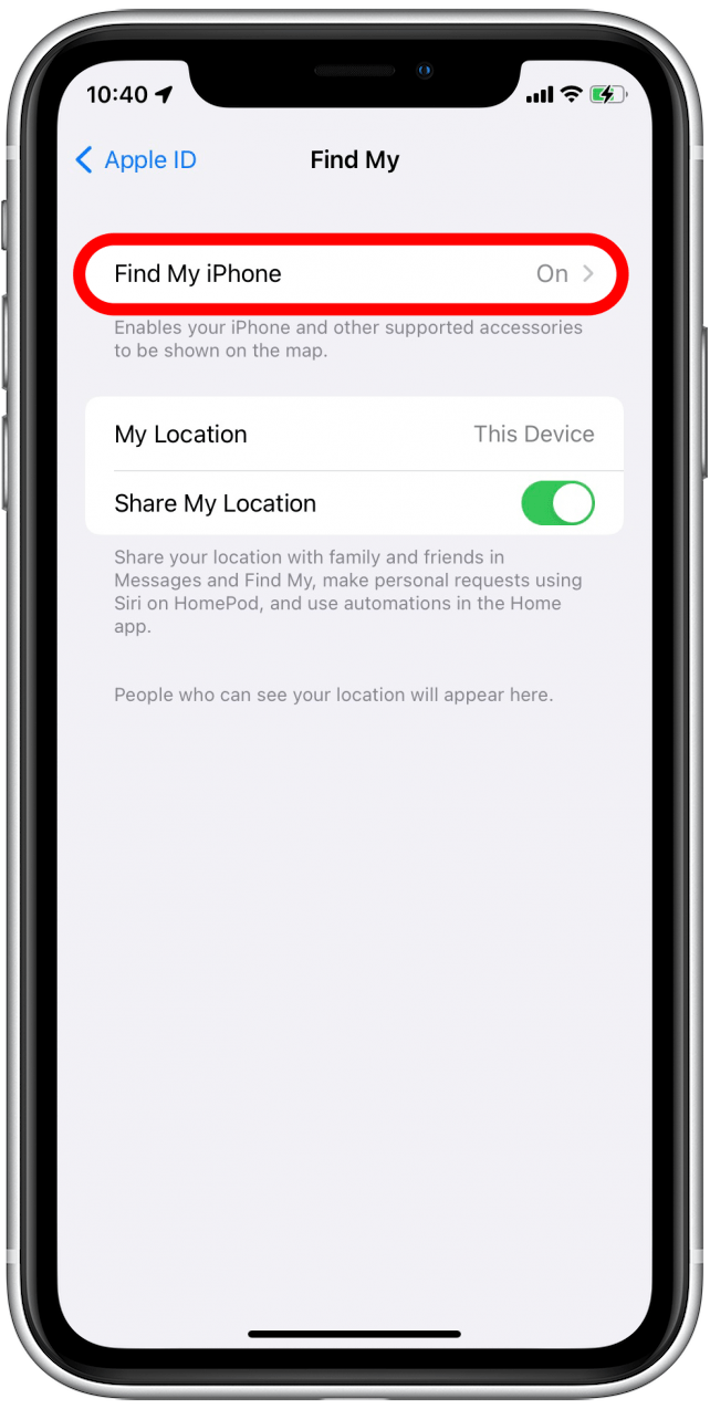 Tap Find My iPhone