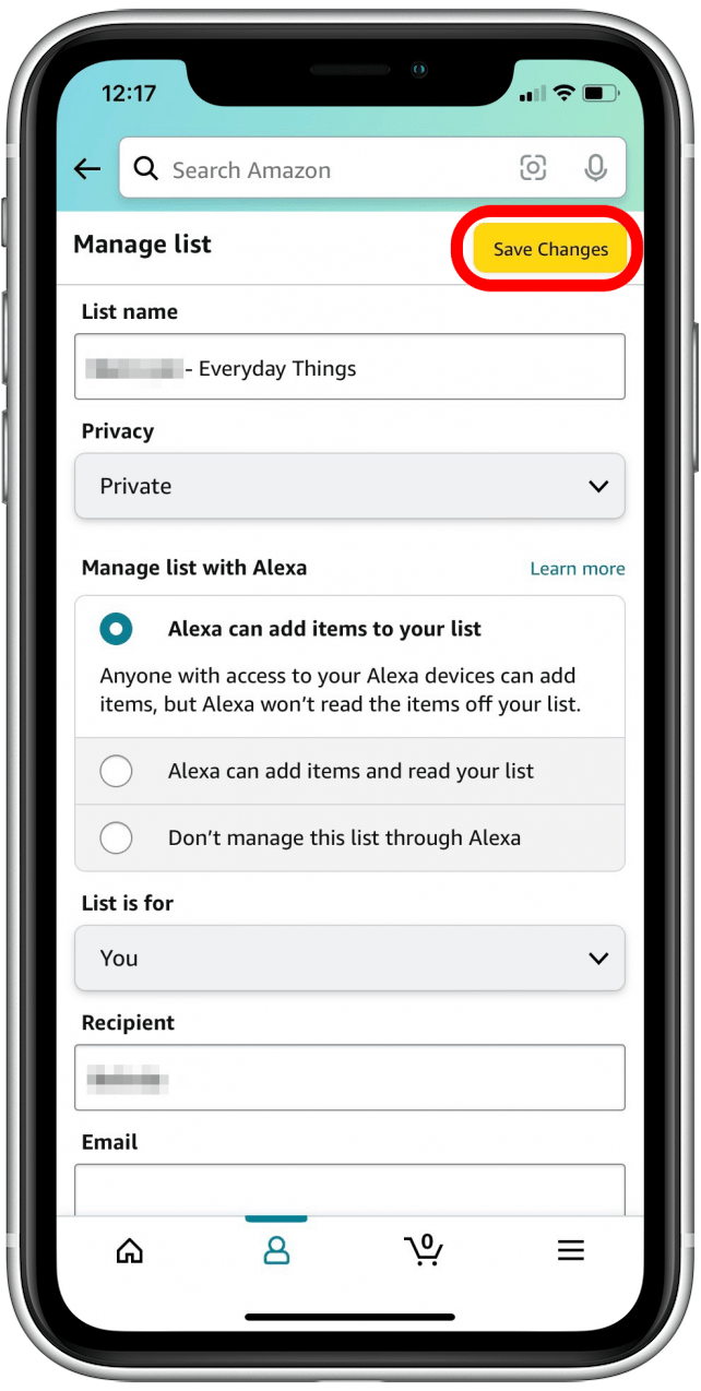 Save changes to Amazon wish list 