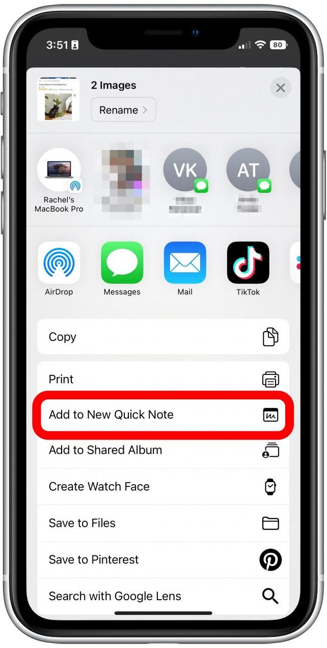 Scroll down and tap Add to New Quick Note.