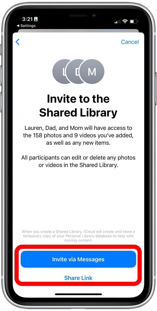 Next, it's time to invite others to the Shared Library either via text message or a link.