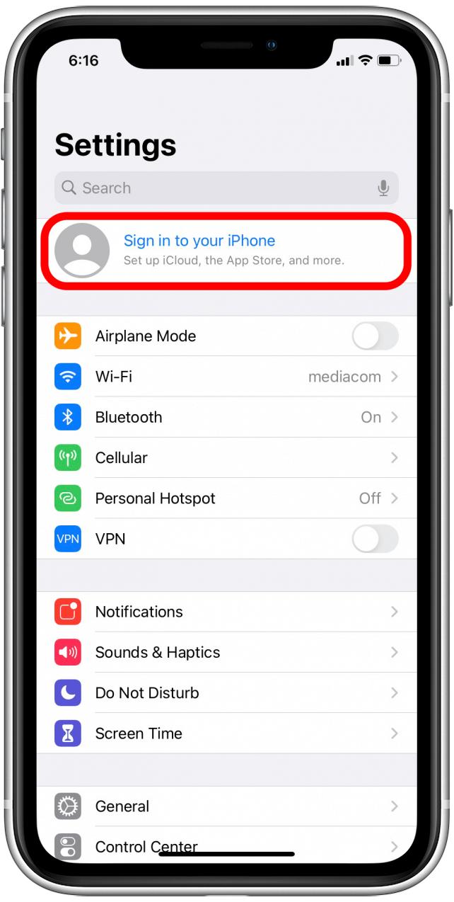 Tap on the blank profile at the top to sign in to iCloud
