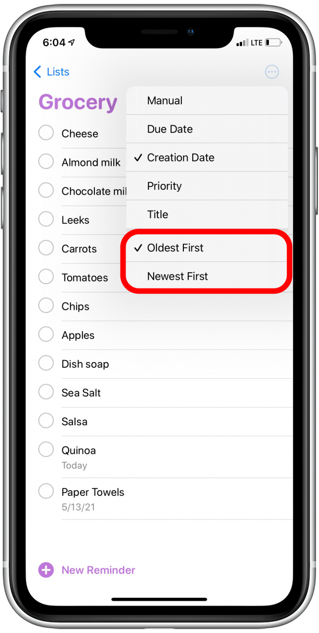 Sort Reminders by creation date