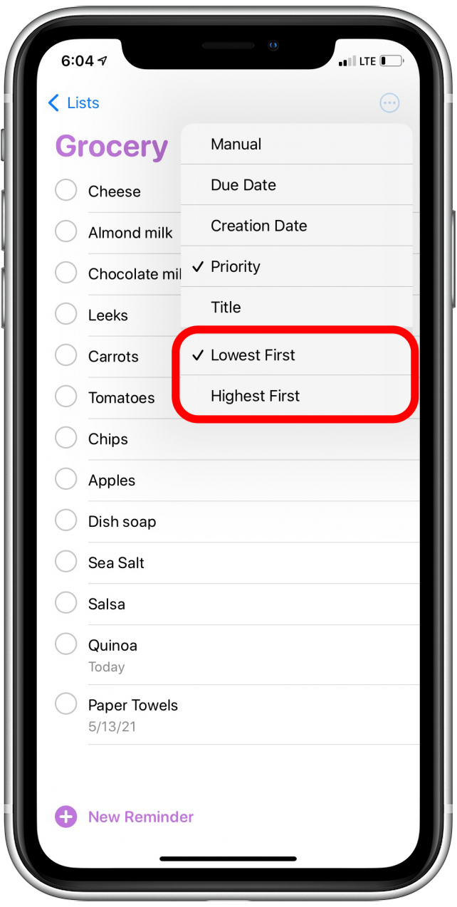 Sort Reminders by priority