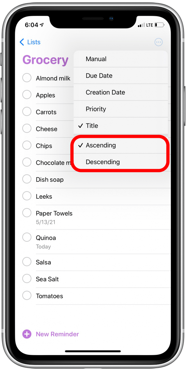 Sort Reminders by title