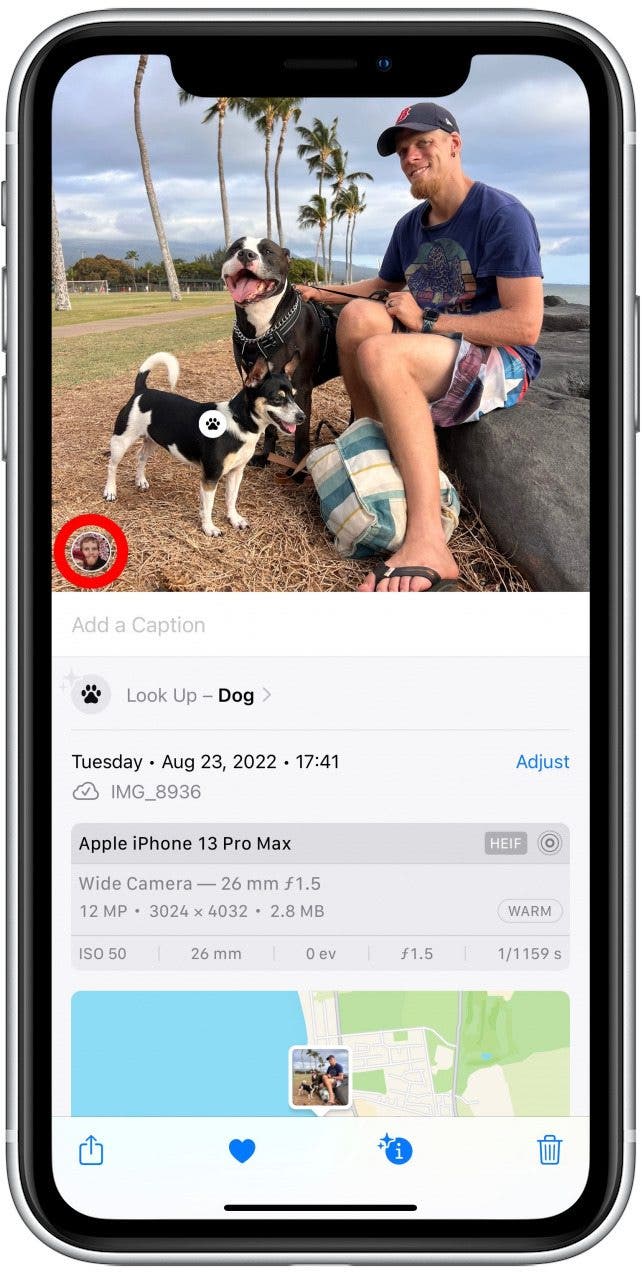 In the bottom left corner of the image, you'll see the person it is tagged as. Tap it.