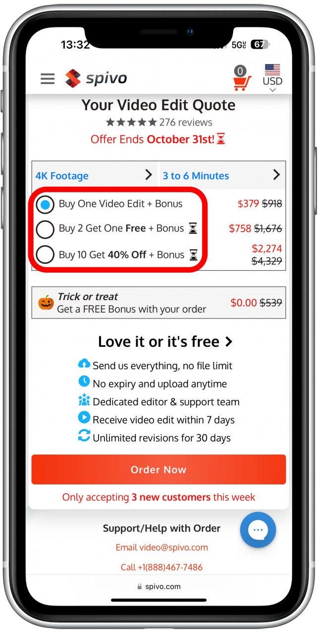 By default, Buy One Video Edit + Bonus will be selected. 