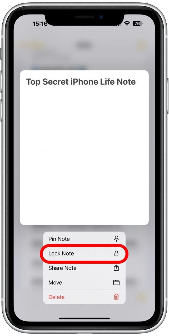 The fastest way to lock a note, is to find the note you wish to open in the Notes app, long press it, and tap Lock Note. 
