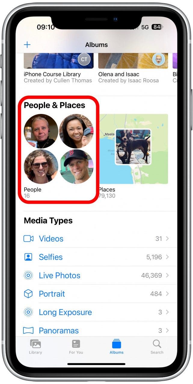 Open the Photos app, tap the Albums tab, and scroll down to People & Places. Tap on People.