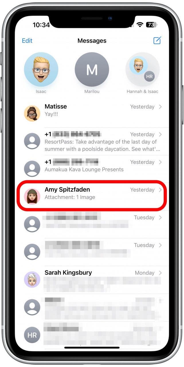 Find the conversation thread with the iMessage you wish to edit. Tap it to open it.