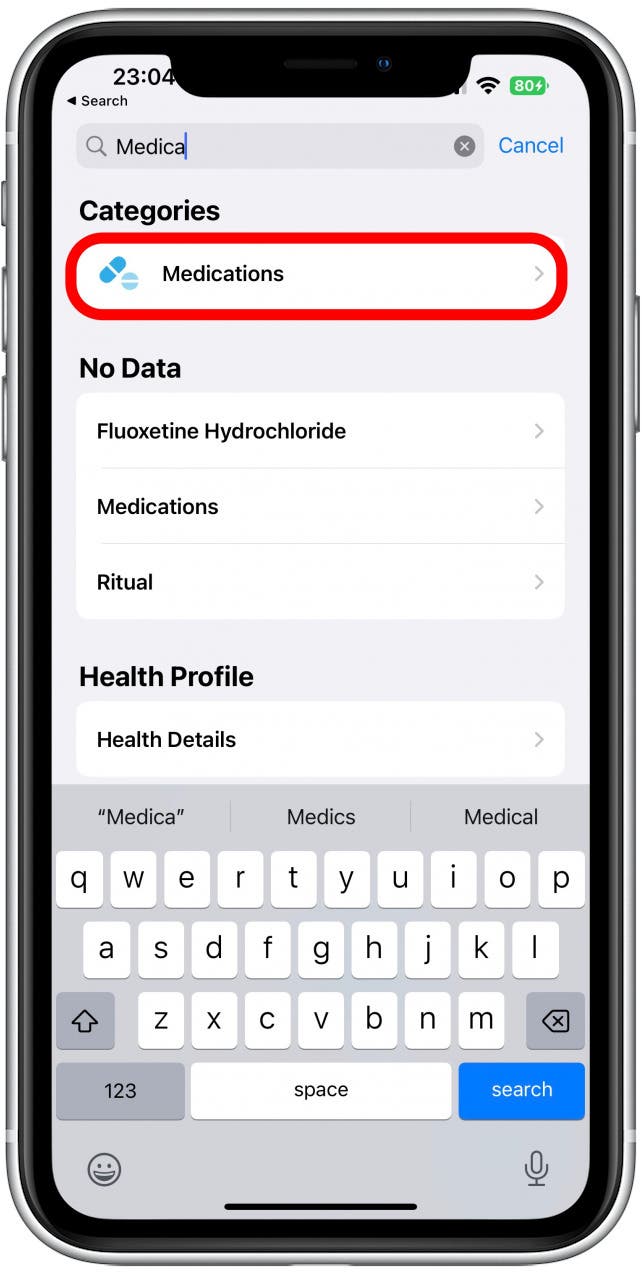Search for "Medications" and tap it.