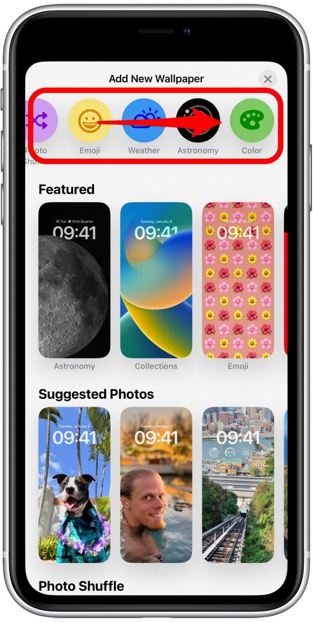 At the very top, you'll see circular icons. You can swipe left to see more options. These include Photo, People, Photo Shuffle, Emoji, Weather, Astronomy, and Color. Selecting one of these lets you build a Lock screen from scratch.