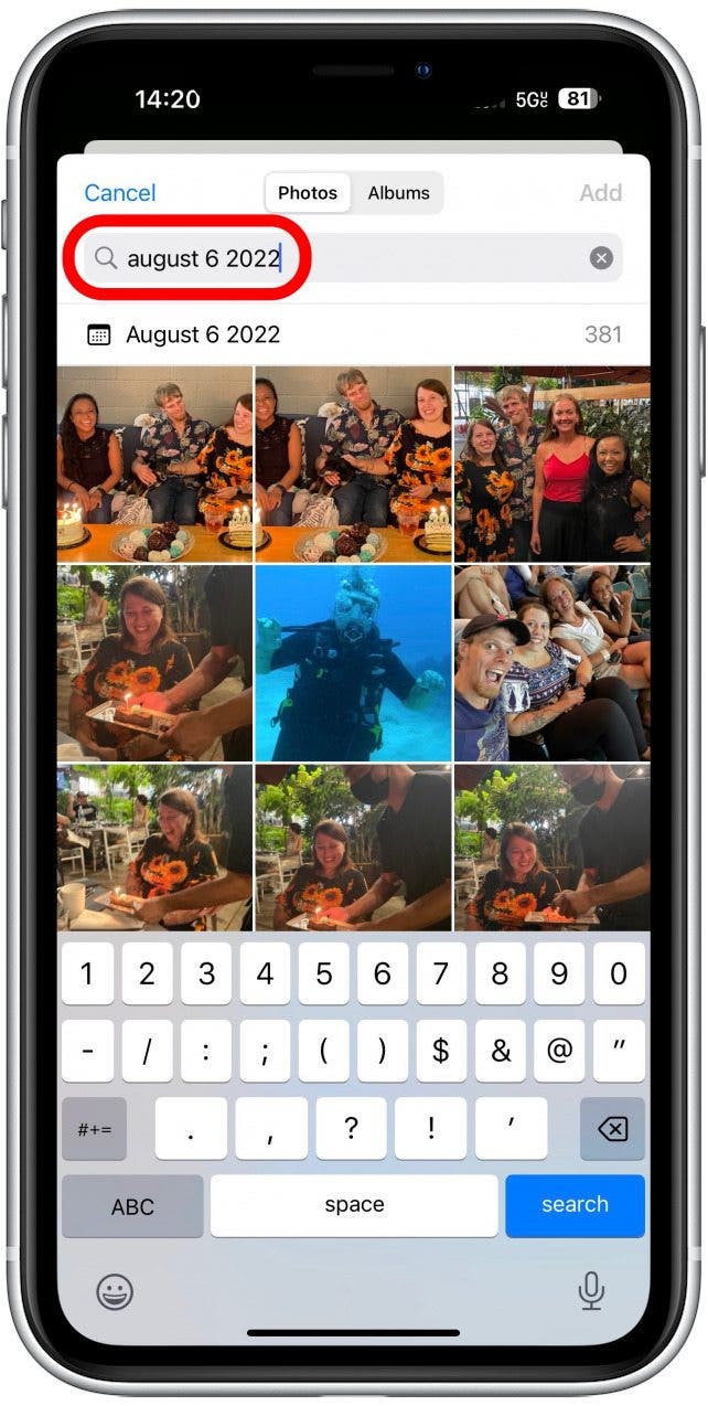 you can search for photos by using the search bar. Here you can type a date, location, item, animal, color, etc.