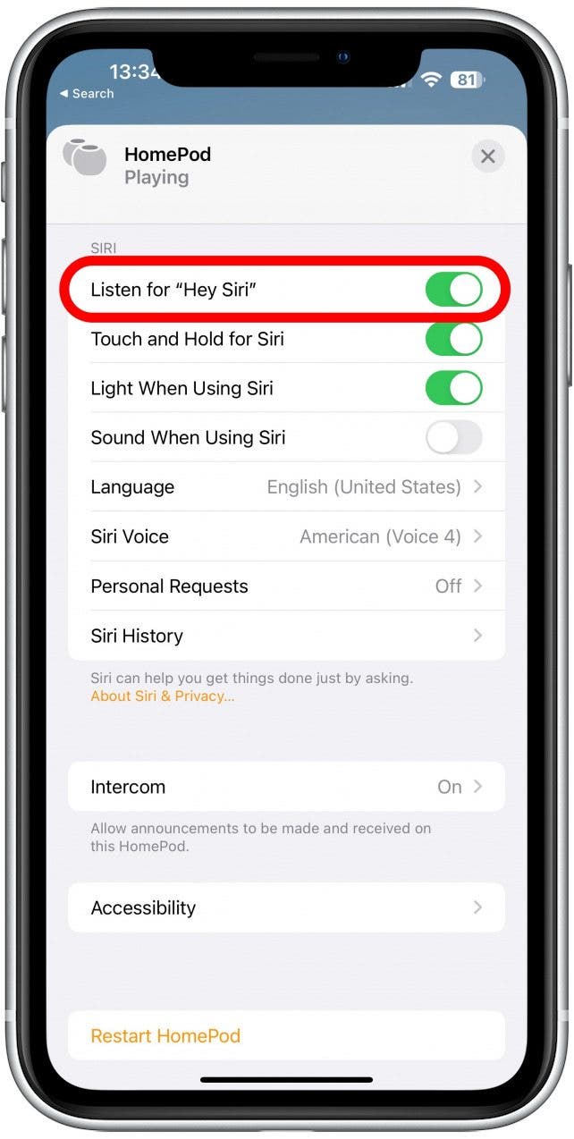 Scroll down until you see SIRI and toggle off Listen for “Hey Siri.”