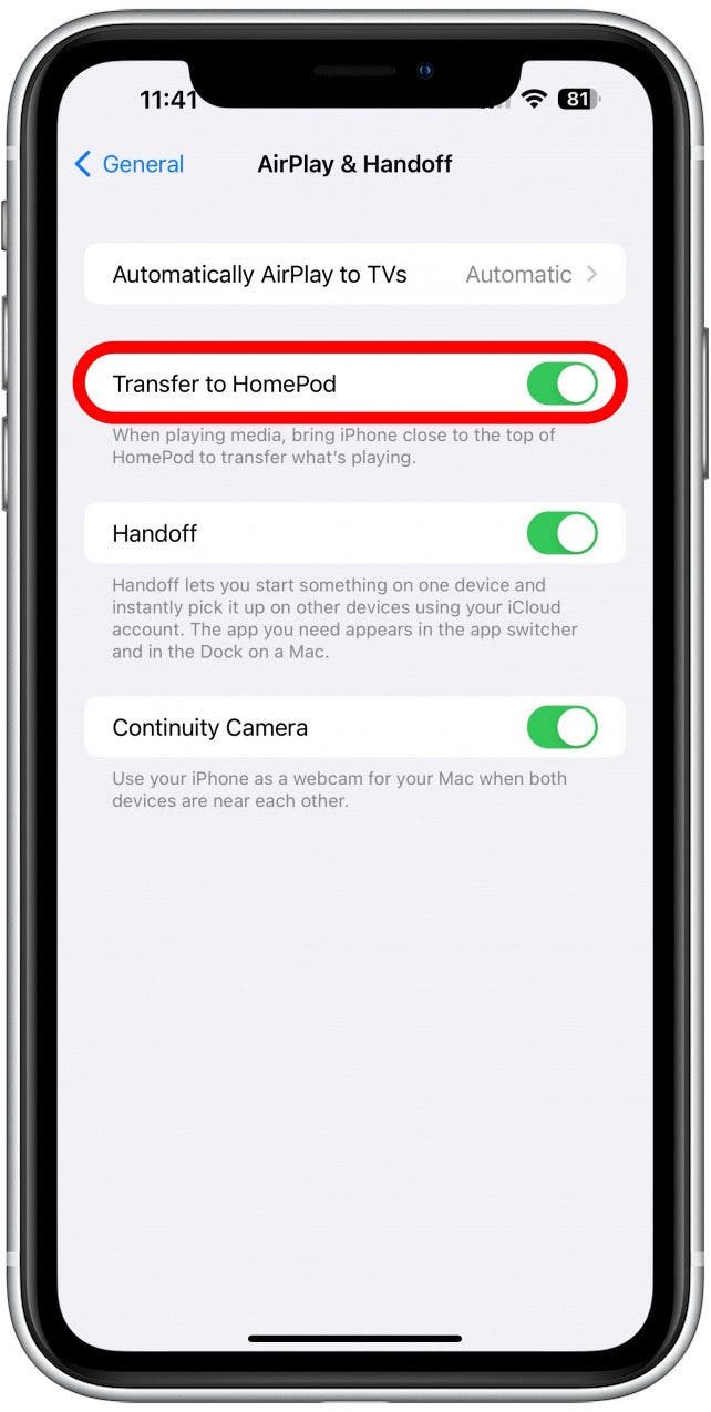 Toggle off Transfer to HomePod.