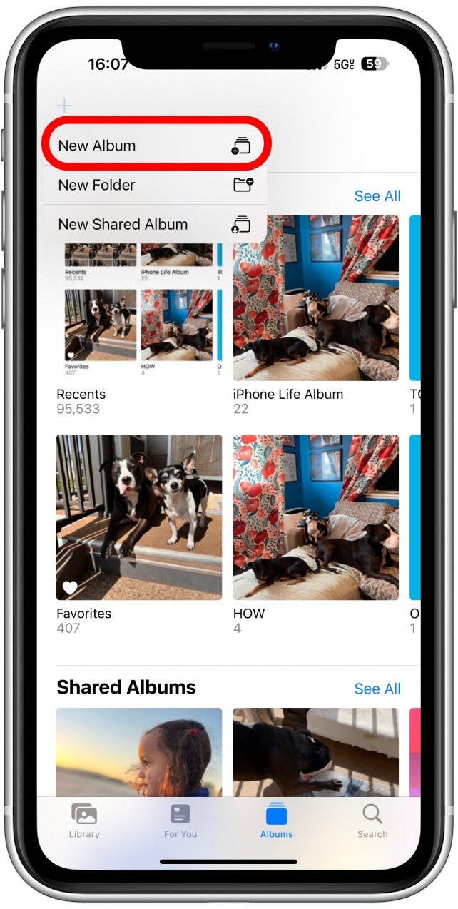 Tap either New Album or New Shared Album.