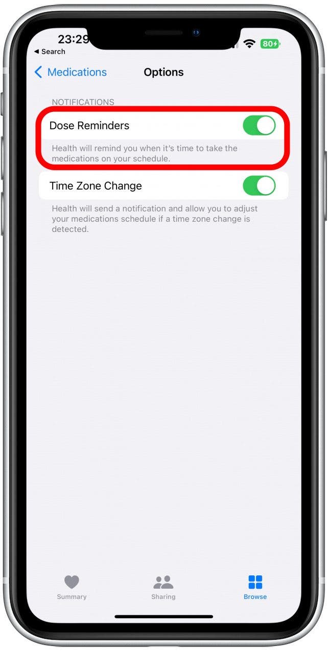 Toggle Dose Reminders to turn them on or off.