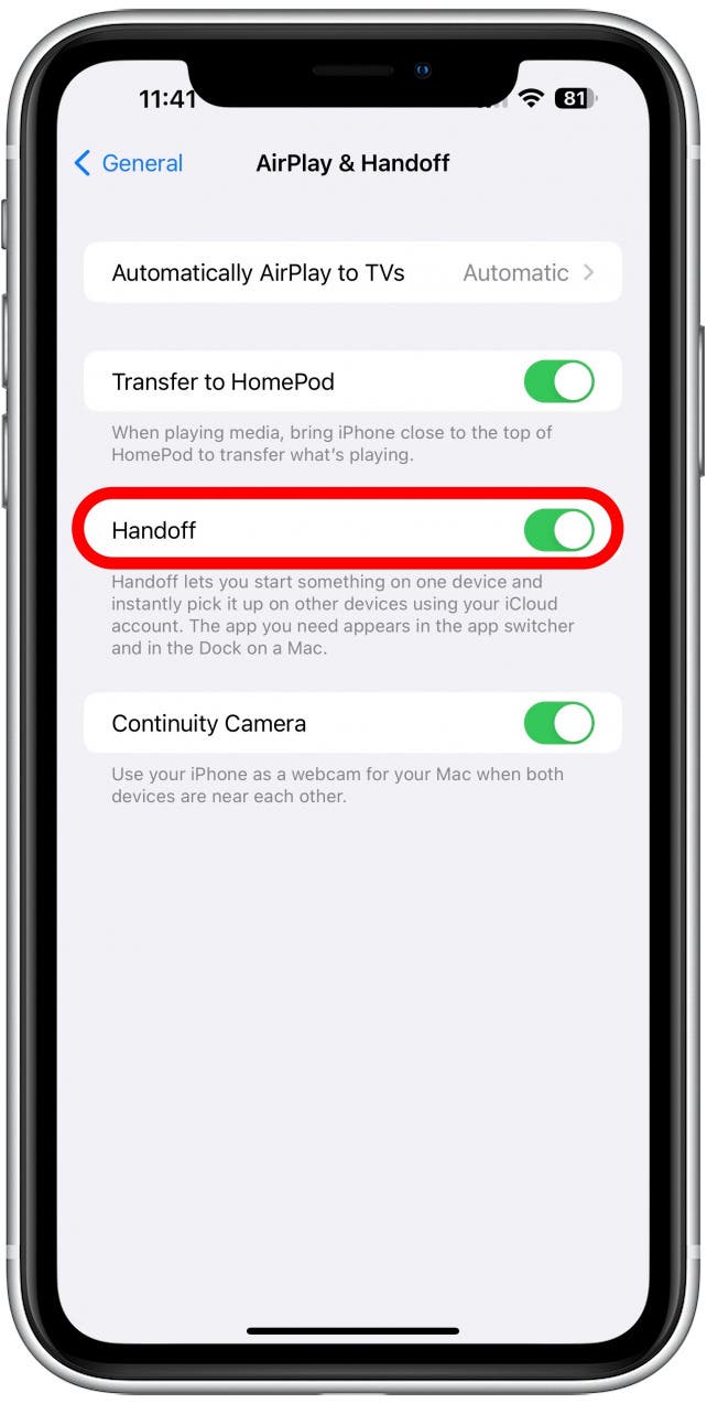If you are having issues with handoff, make sure Handoff is toggled on.