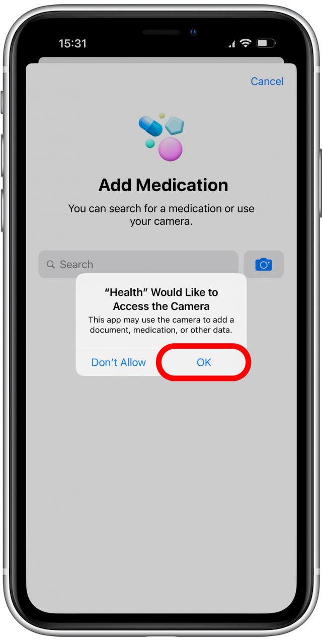 The first time you do this, you'll have to give camera access to your camera. Tap OK.