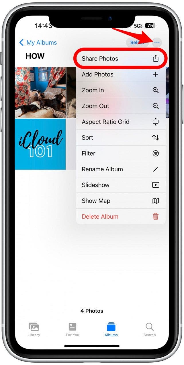 tap the More menu, and select Share Photos.