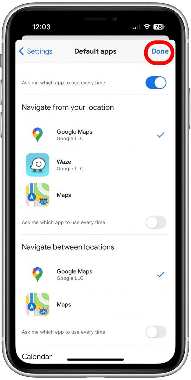tap done how to make google maps default on iPhone