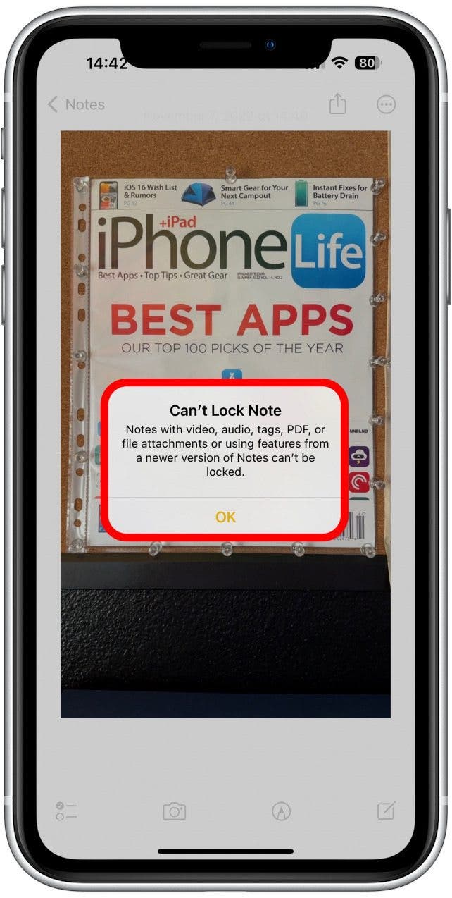 Also, you also cannot lock notes that include video, audio, a PDF, or other file attachments.