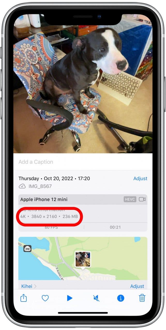 open the video in your Photos app and tap the i icon to check the size.