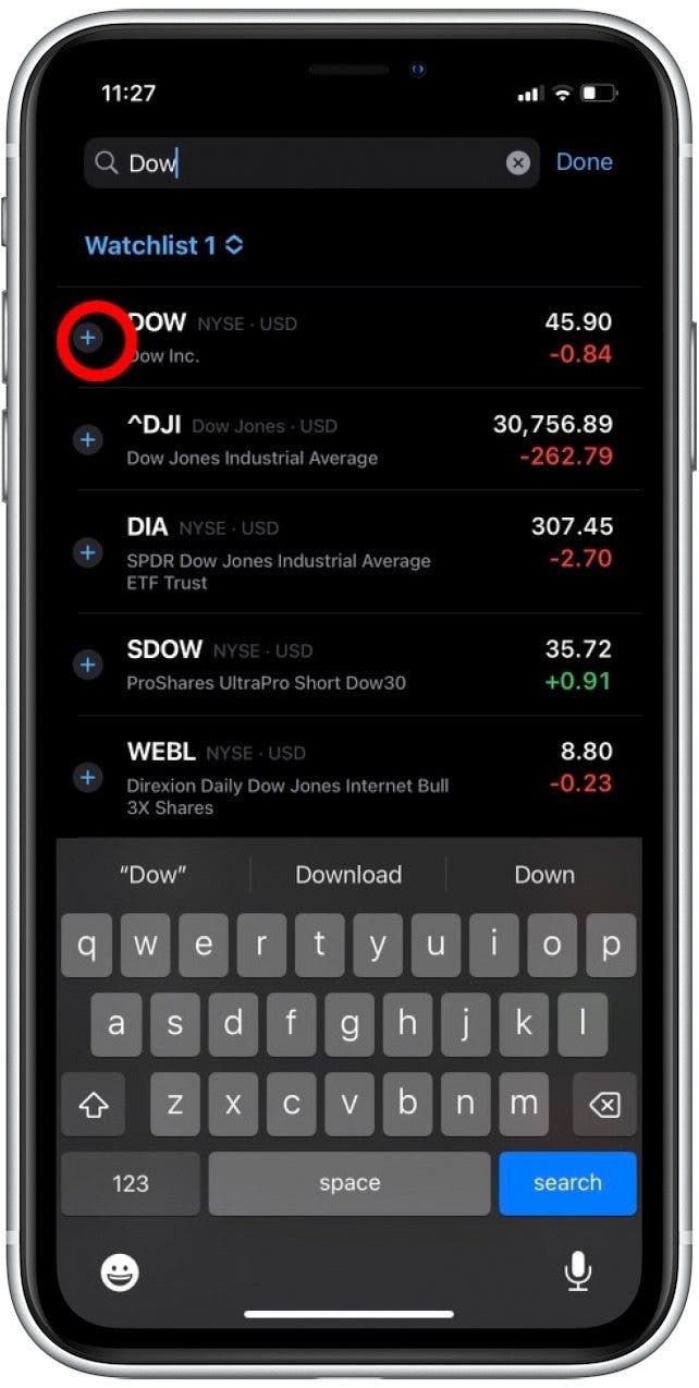 Tap the (+) icon for stocks to add them to this watchlist.