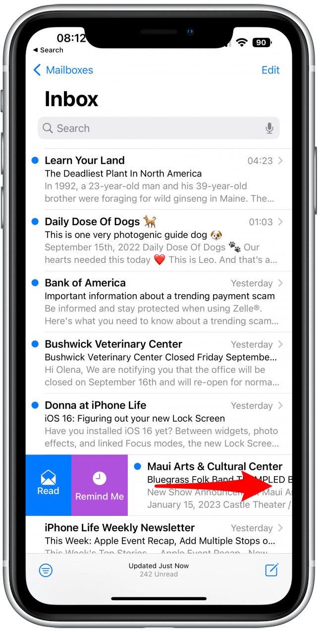 Identify an email you wish to set up a reminder for and swipe right over it.