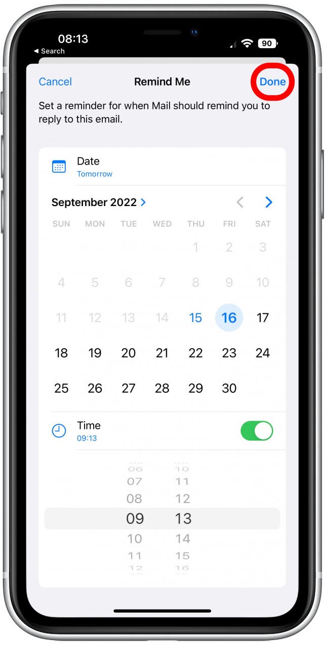 Use the calendar to select a month, date, and time then tap Done.