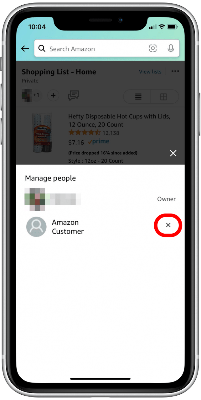 Tap on x to remove user from Amazon wish list