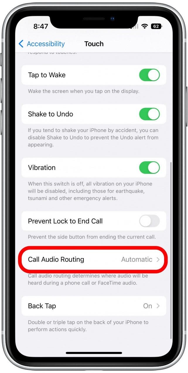 Touch Accessibility Settings with the Call Audio Routing option marked.