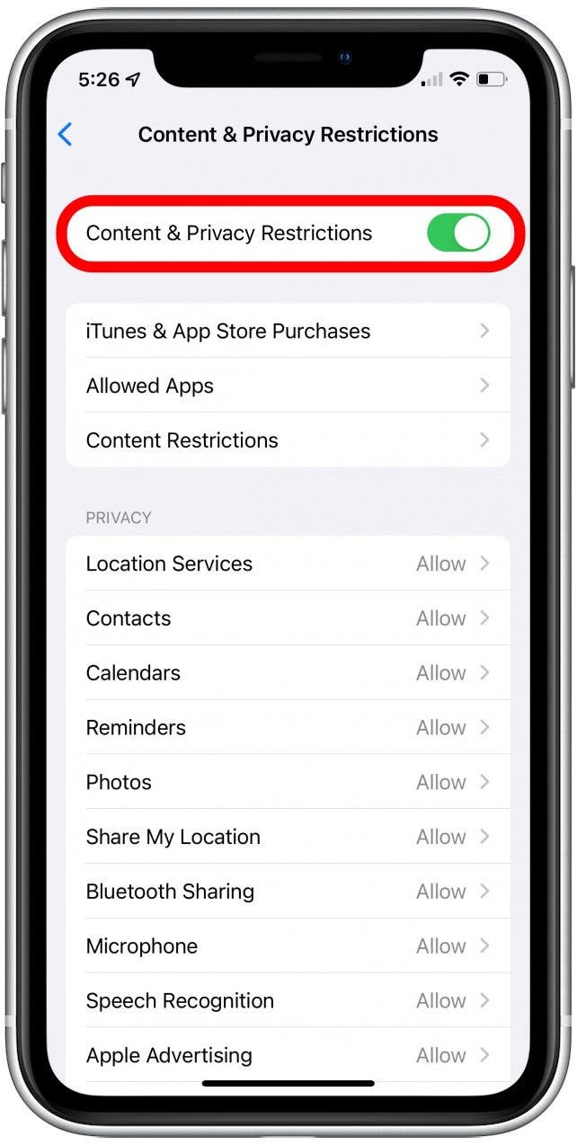 toggle on content & privacy restrictions to learn how to enable in app purchases