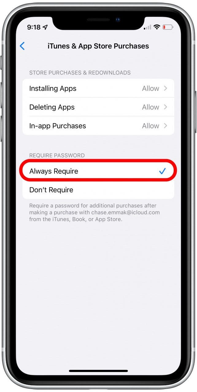 always require password for in app purchases