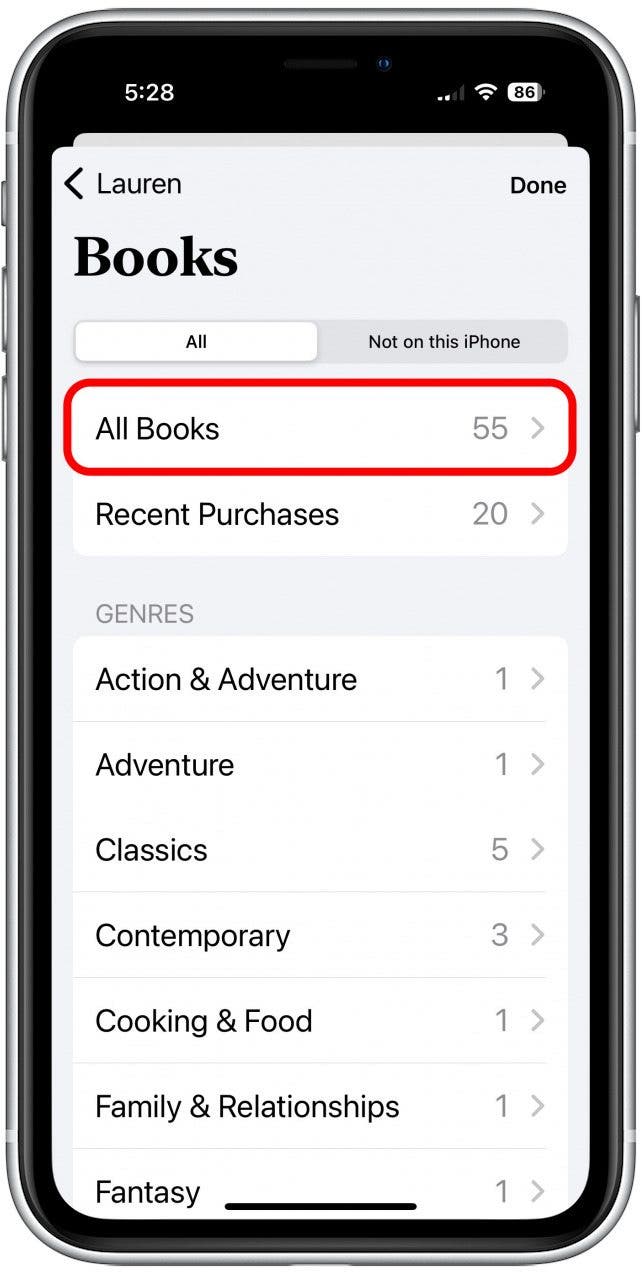If you tapped Books, you'll be taken to the user's book library sorted by genre. Select a genre or tap All Books.