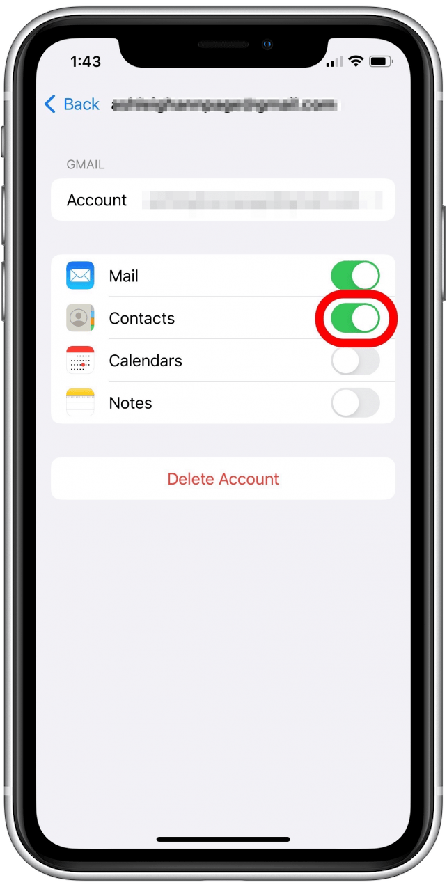 Turn on the Contacts toggle to sync contacts. 