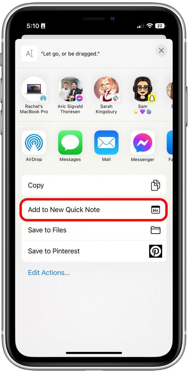 Tap Add to New Quick Note.