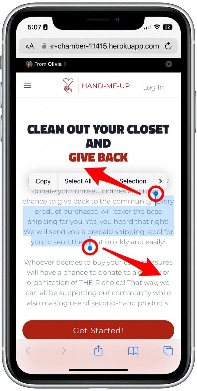 Tap and hold the text and then drag the cursors to highlight the portion you'd like to save.